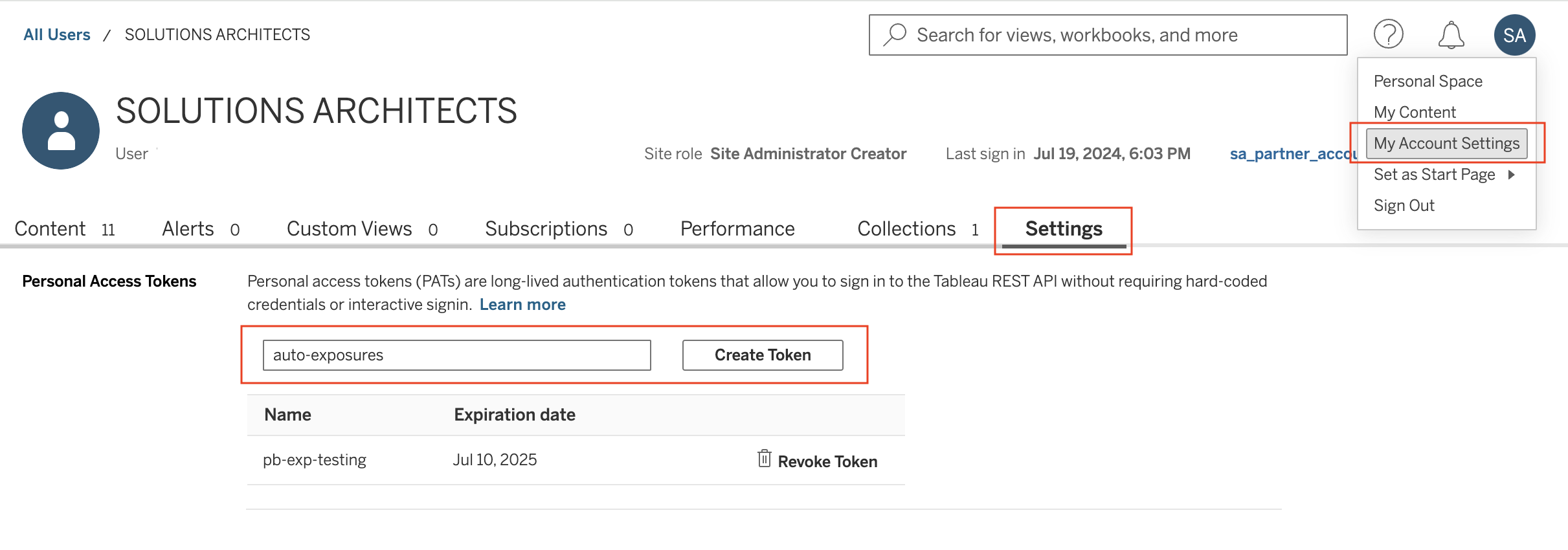 Create PATs for the account in Tableau